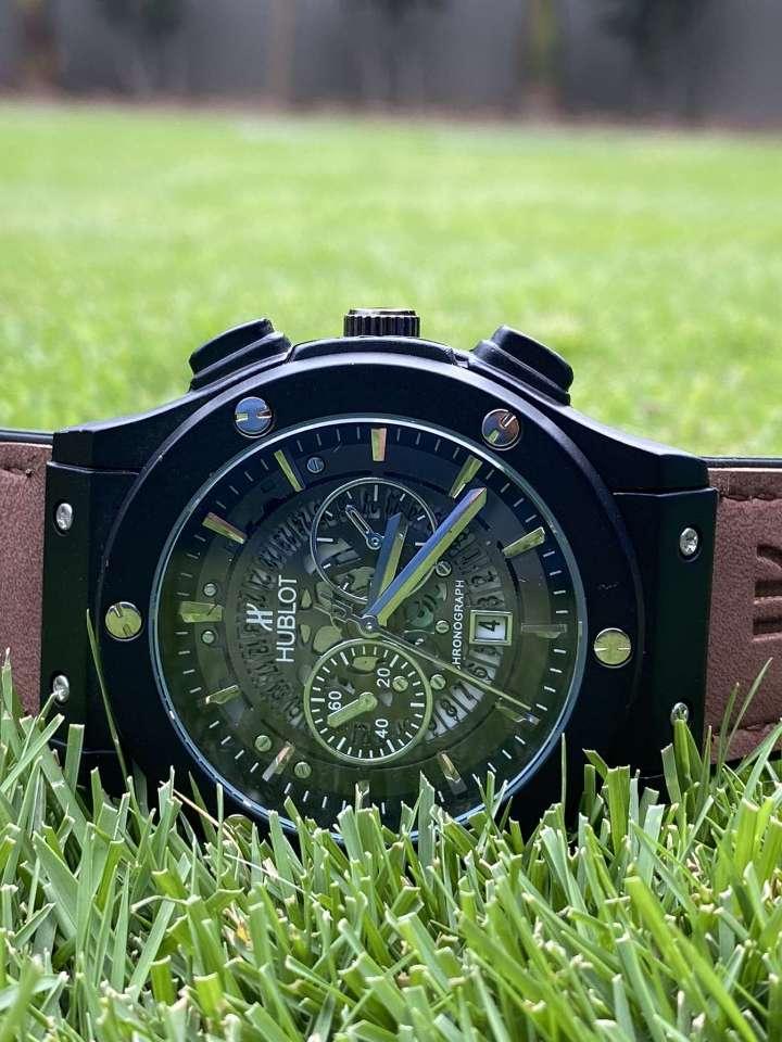 Elegant Hublot – Black Chronograph Dial with Brown Leather Strap