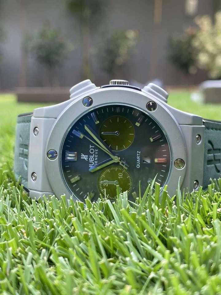 Elegant Green Hublot Dial Watch – Silver Edge with Matching Green Strap