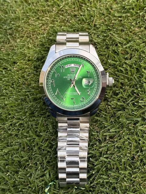 Elegant Rolex Oyster - Arabic Green Dial Watch – Day-Date Display | Full Silver Strap