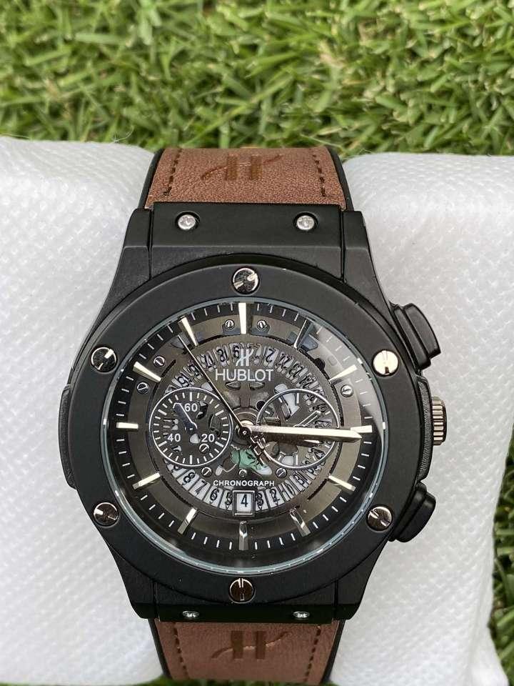 Elegant Hublot – Black Chronograph Dial with Brown Leather Strap