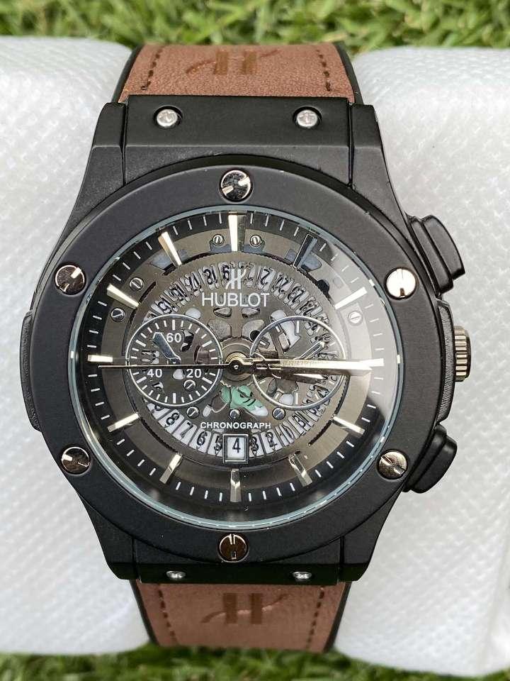 Elegant Hublot – Black Chronograph Dial with Brown Leather Strap