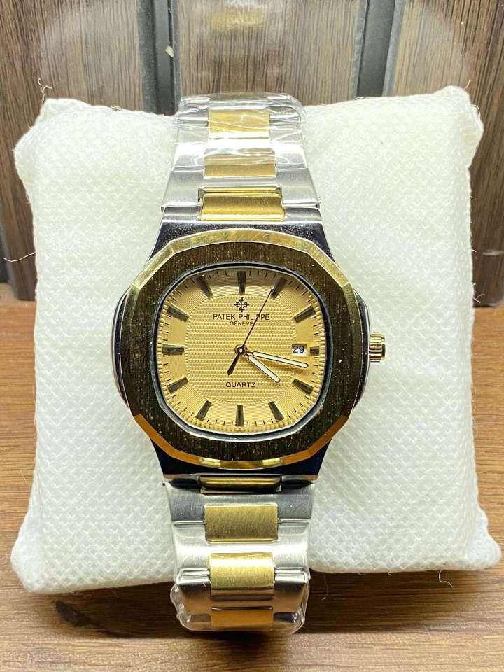 Luxury Patek-Inspired Watch – Golden Dial with Day-Date Display | Two-Tone Silver & Gold Strap
