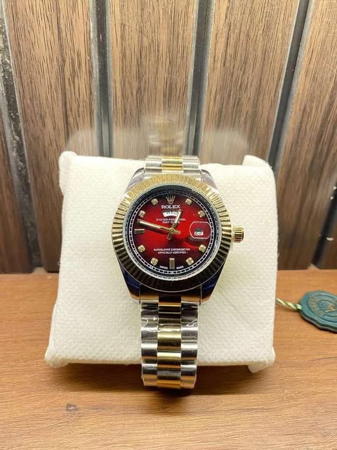 Elegant Red Dial Rolex Watch – Day-Date Display | Two-Tone Silver & Gold Strap