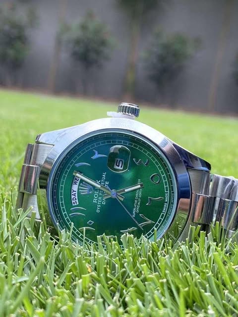 Elegant Rolex Oyster - Arabic Green Dial Watch – Day-Date Display | Full Silver Strap
