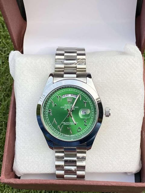 Elegant Rolex Oyster - Arabic Green Dial Watch – Day-Date Display | Full Silver Strap