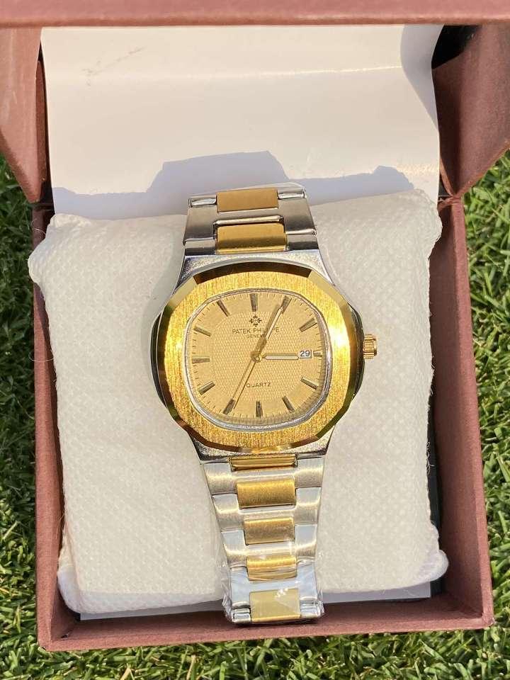 Luxury Patek-Inspired Watch – Golden Dial with Day-Date Display | Two-Tone Silver & Gold Strap