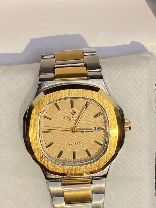 Luxury Patek-Inspired Watch – Golden Dial with Day-Date Display | Two-Tone Silver & Gold Strap