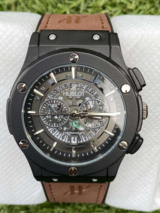Elegant Hublot – Black Chronograph Dial with Brown Leather Strap