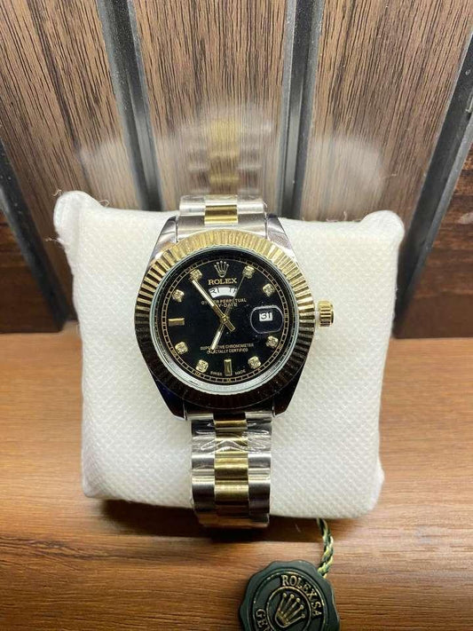 Elegant Rolex Day-Date Oyster – Black Dial with Day-Date Display | Two-Tone Silver & Gold Strap